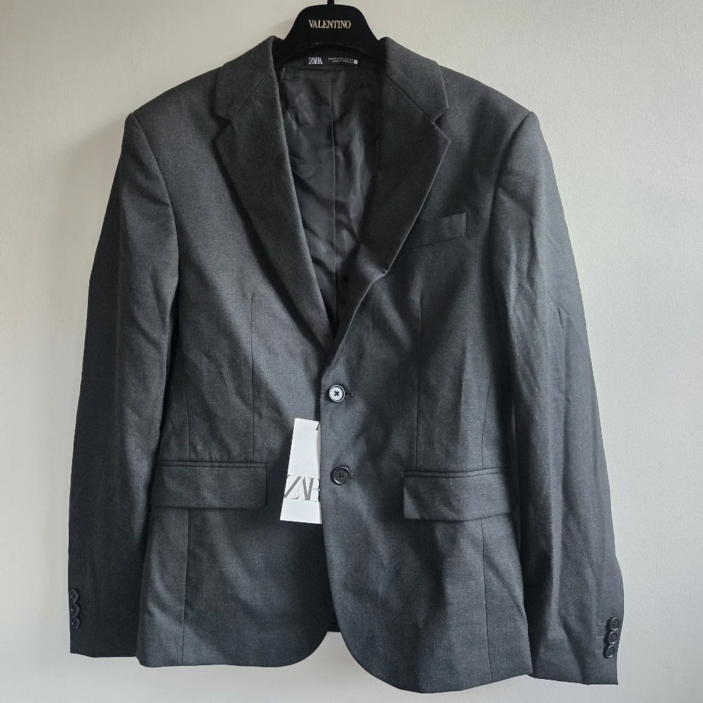 New Zara Comfort Slim Fit Lapel Collar Button Front Anthracite Grey Suit Blazer